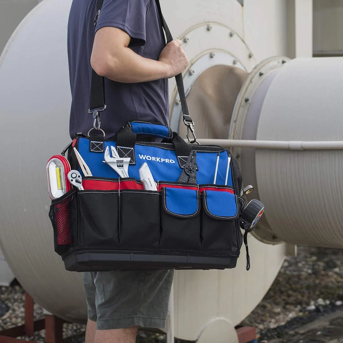 WORKPRO 18" Tool Bag Closed Top Wide Slot Storage with Waterproof Base and Adjustable Shoulder Straps - Image 7