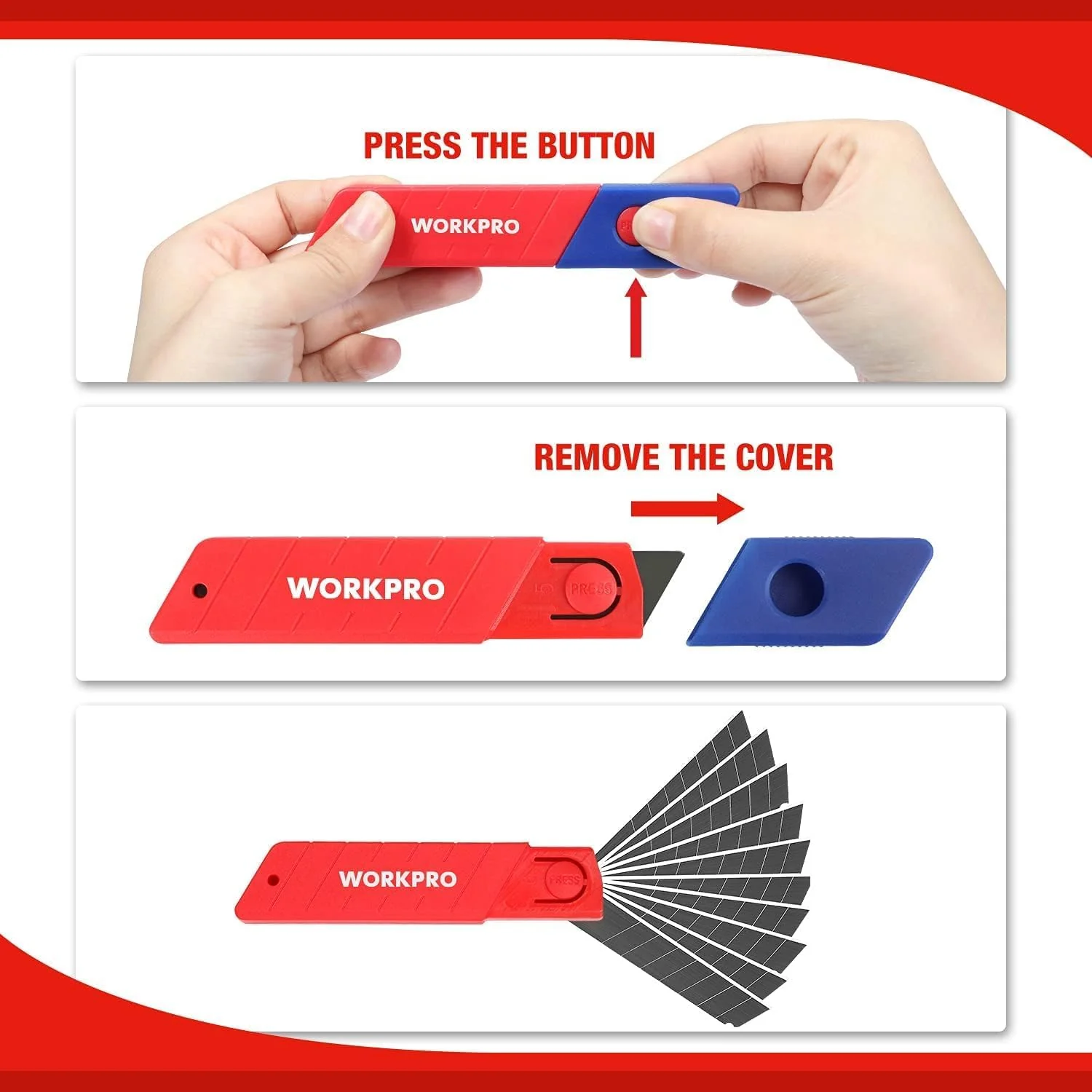 WORKPRO 18mm Retractable Utility Knife with 10-Piece SK5 Blades | Heavy Duty Snap-off Box Cutter, For Cartons, Cardboard and Boxes, Perfect for Office and Home Use - Image 6