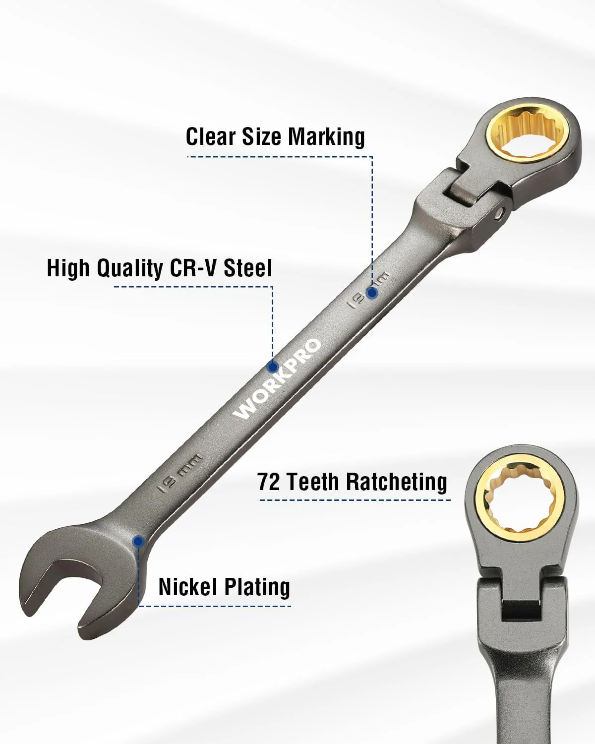WORKPRO 19 mm Flex-Head Ratcheting Combination Wrench, Cr-V Constructed, Nickel Plating, 72-Teeth, 12 Point Design, Metric - Image 2