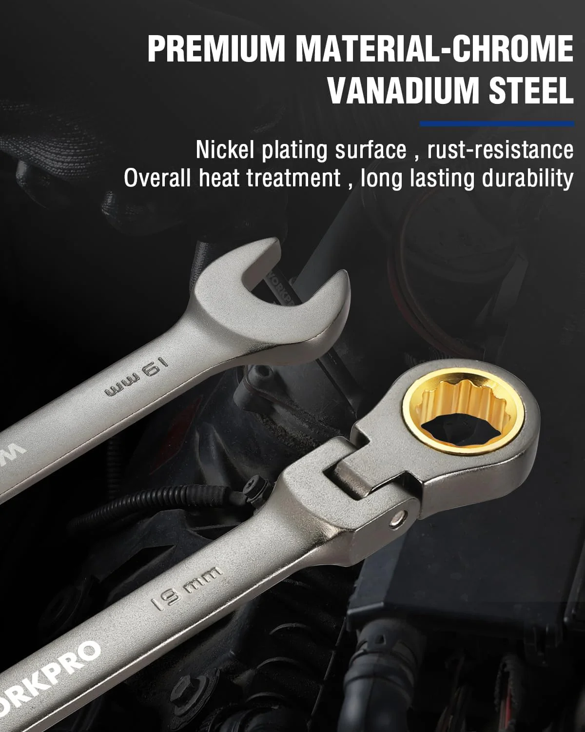 WORKPRO 19 mm Flex-Head Ratcheting Combination Wrench, Cr-V Constructed, Nickel Plating, 72-Teeth, 12 Point Design, Metric - Image 3