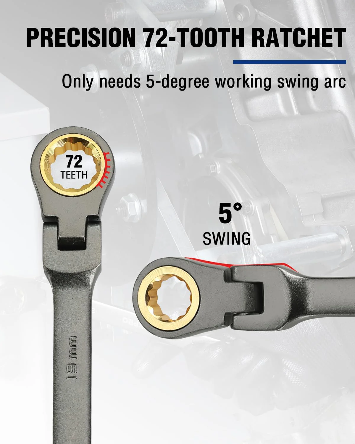 WORKPRO 19 mm Flex-Head Ratcheting Combination Wrench, Cr-V Constructed, Nickel Plating, 72-Teeth, 12 Point Design, Metric - Image 4
