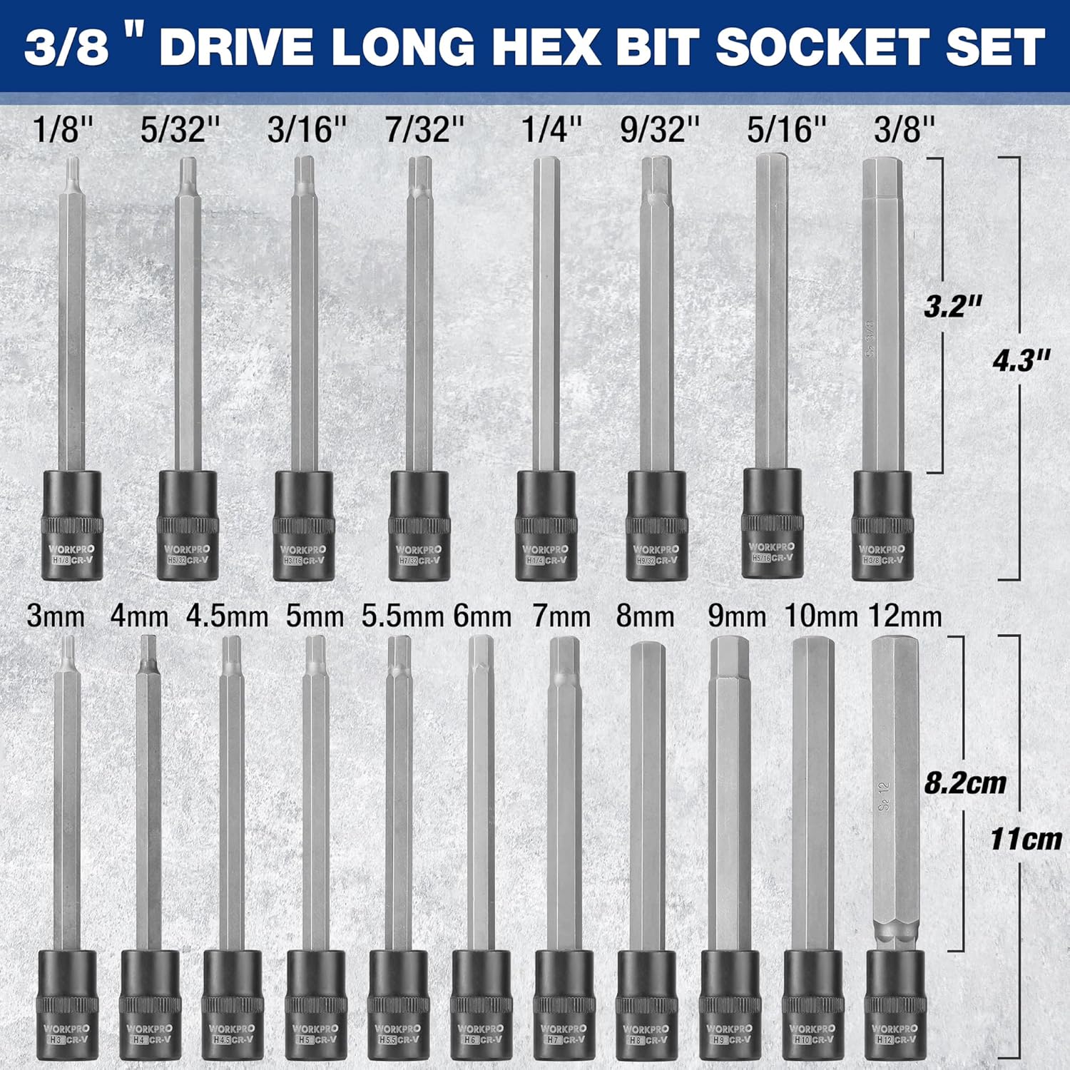 WORKPRO 19-piece 3/8 Inch Drive Extra Long Hex Bit Socket Set, Torx Bit Socket Set, Premium S2 Steel Long Allen Star Bits and CR-V Sockets Set with Storage Case - Image 3