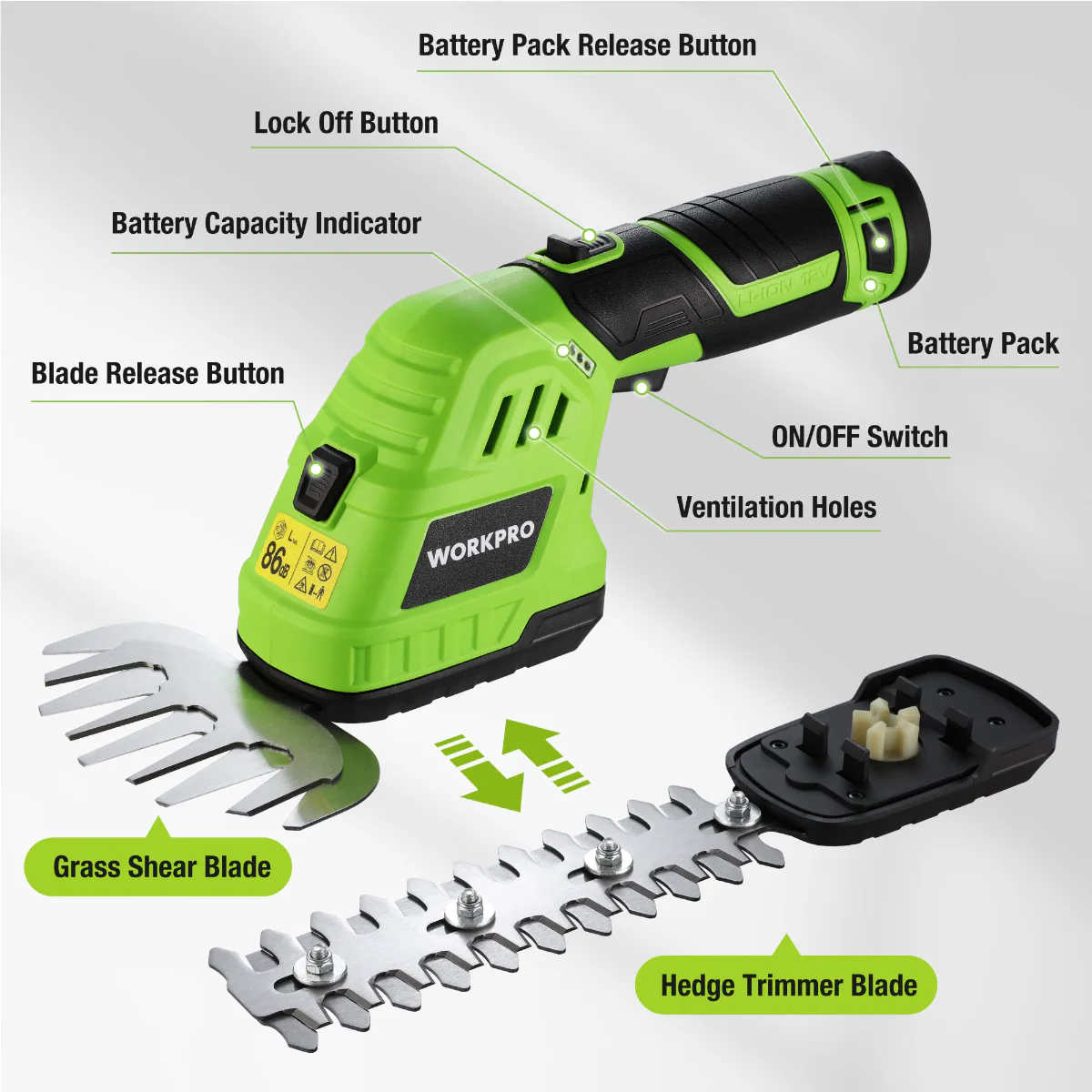 WORKPRO 2 in 1 12V Electric Cordless Grass Hedge Shear & Handheld Shrubbery Trimmer, with 2.0Ah Rechargeable Lithium-Ion Battery and 1 Hour Fast Charger - Image 8