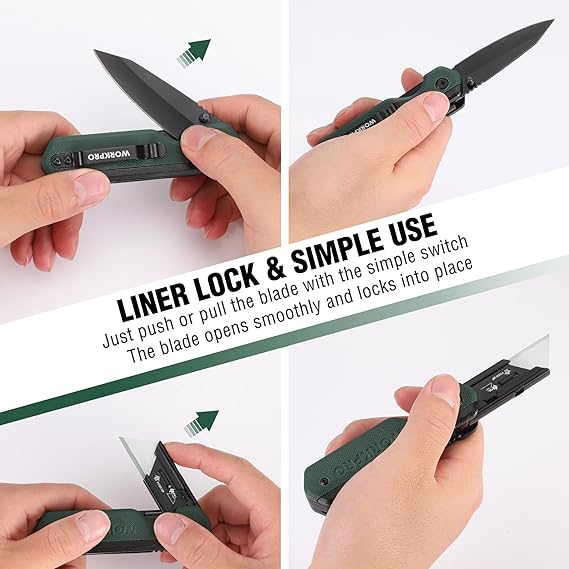 WORKPRO 2-in-1 Folding Knife, Quick-Change Box Cutter with Belt Clip, Liner Lock, and G10 Handle, Extra 10 SK5 Blades Included - Image 10