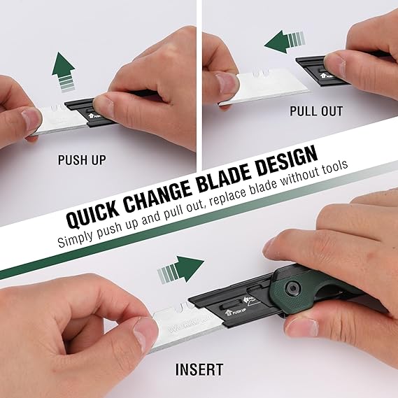 WORKPRO 2-in-1 Folding Knife, Quick-Change Box Cutter with Belt Clip, Liner Lock, and G10 Handle, Extra 10 SK5 Blades Included - Image 11