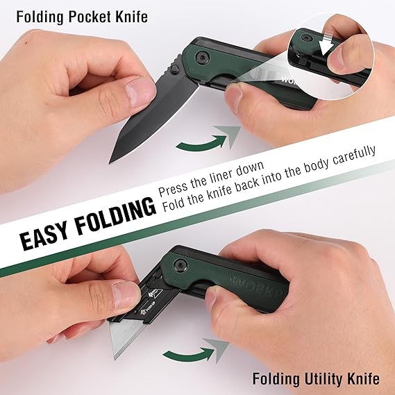 WORKPRO 2-in-1 Folding Knife, Quick-Change Box Cutter with Belt Clip, Liner Lock, and G10 Handle, Extra 10 SK5 Blades Included - Image 12