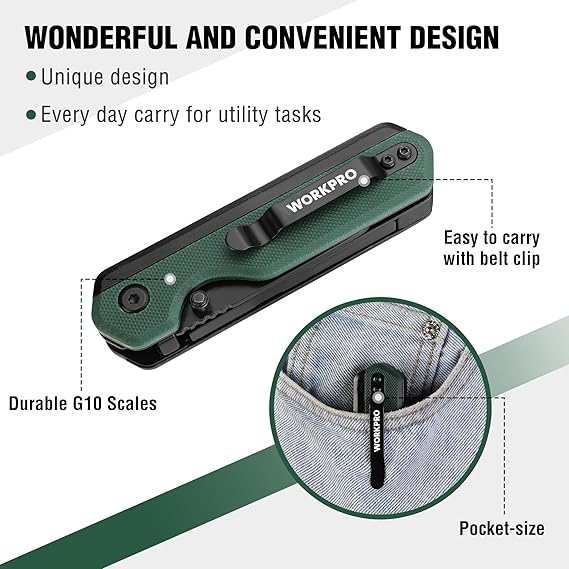 WORKPRO 2-in-1 Folding Knife, Quick-Change Box Cutter with Belt Clip, Liner Lock, and G10 Handle, Extra 10 SK5 Blades Included - Image 13