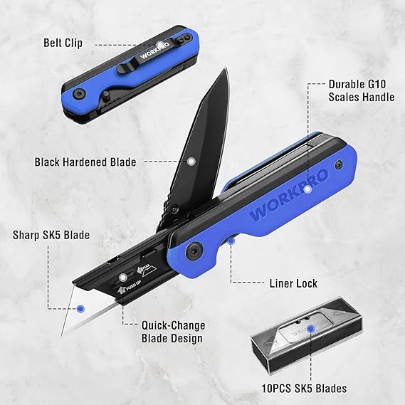 WORKPRO 2-in-1 Folding Knife, Quick-Change Box Cutter with Belt Clip, Liner Lock, and G10 Handle, Extra 10 SK5 Blades Included - Image 16