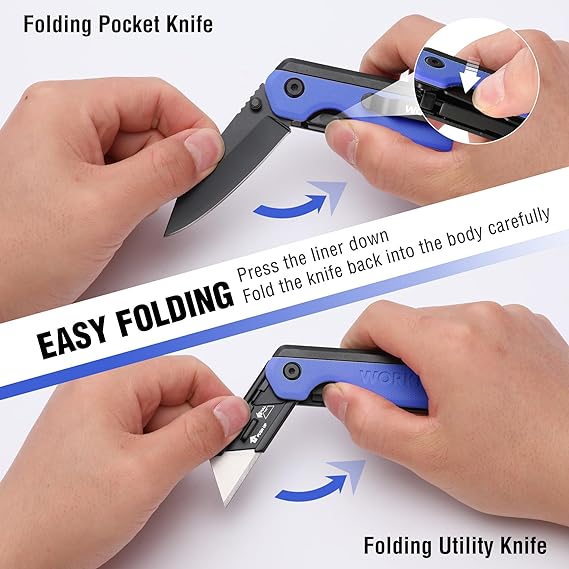 WORKPRO 2-in-1 Folding Knife, Quick-Change Box Cutter with Belt Clip, Liner Lock, and G10 Handle, Extra 10 SK5 Blades Included - Image 17