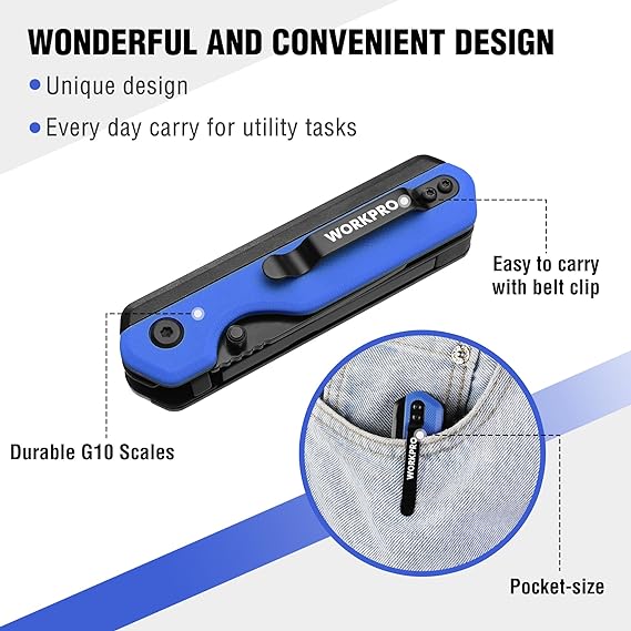 WORKPRO 2-in-1 Folding Knife, Quick-Change Box Cutter with Belt Clip, Liner Lock, and G10 Handle, Extra 10 SK5 Blades Included - Image 20