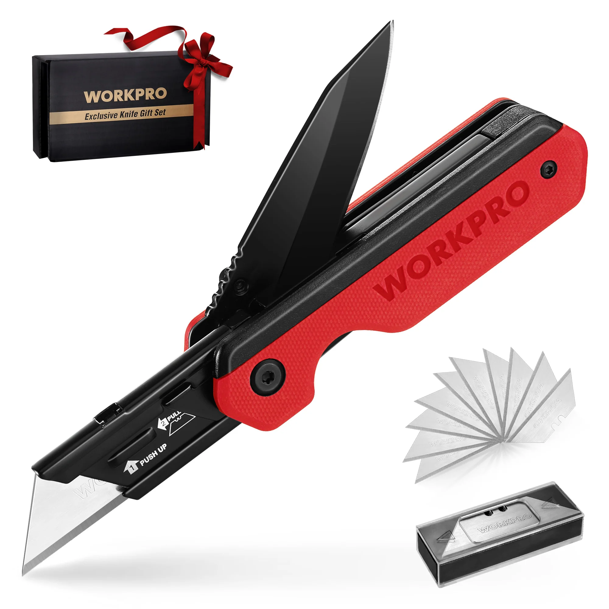 WORKPRO 2-in-1 Folding Knife, Quick-Change Box Cutter with Belt Clip, Liner Lock, and G10 Handle, Extra 10 SK5 Blades Included - Image 21