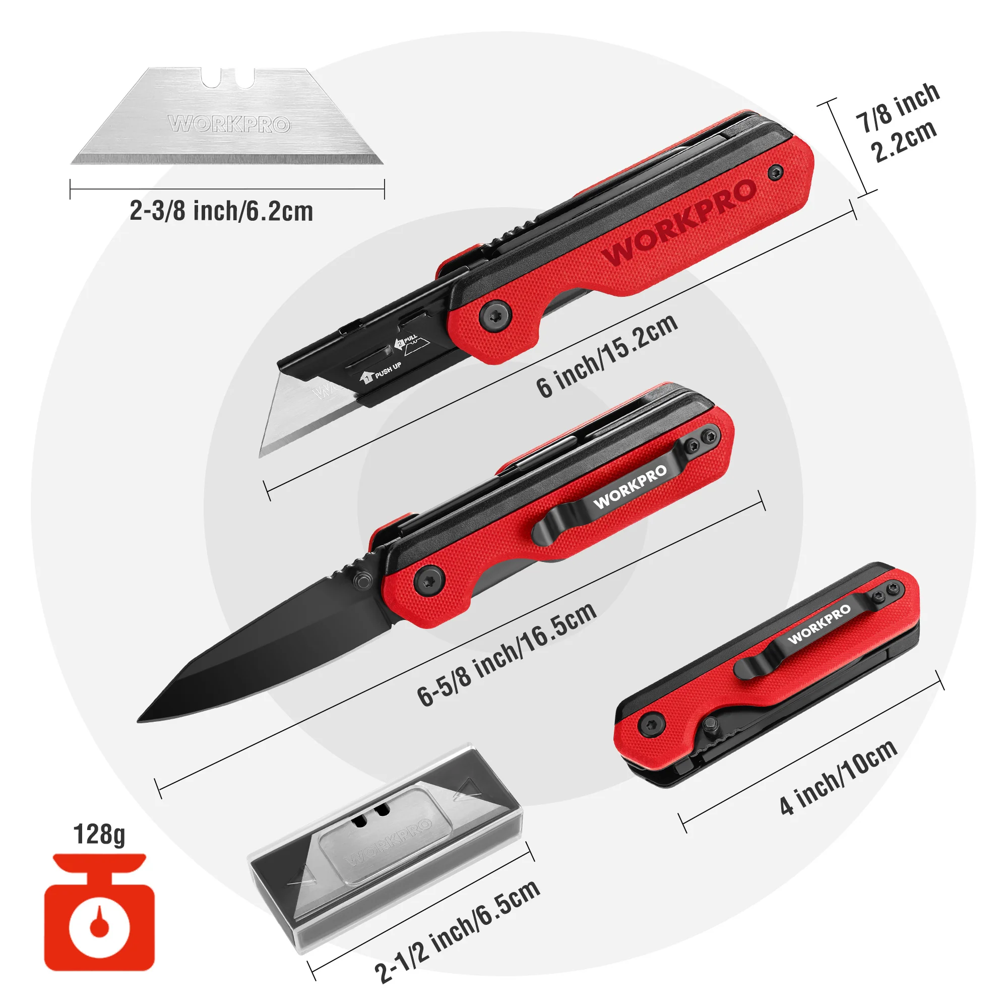 WORKPRO 2-in-1 Folding Knife, Quick-Change Box Cutter with Belt Clip, Liner Lock, and G10 Handle, Extra 10 SK5 Blades Included - Image 22