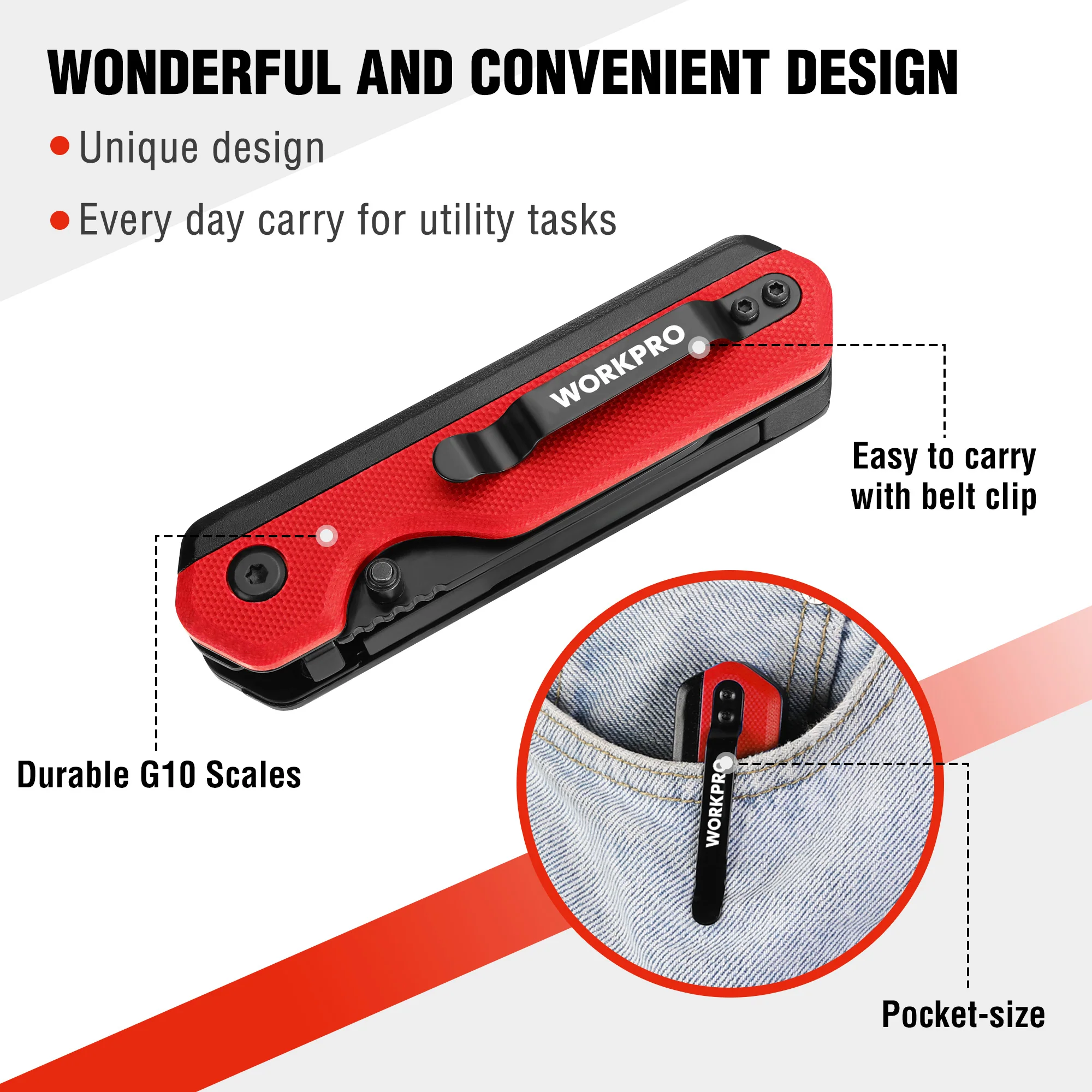 WORKPRO 2-in-1 Folding Knife, Quick-Change Box Cutter with Belt Clip, Liner Lock, and G10 Handle, Extra 10 SK5 Blades Included - Image 23