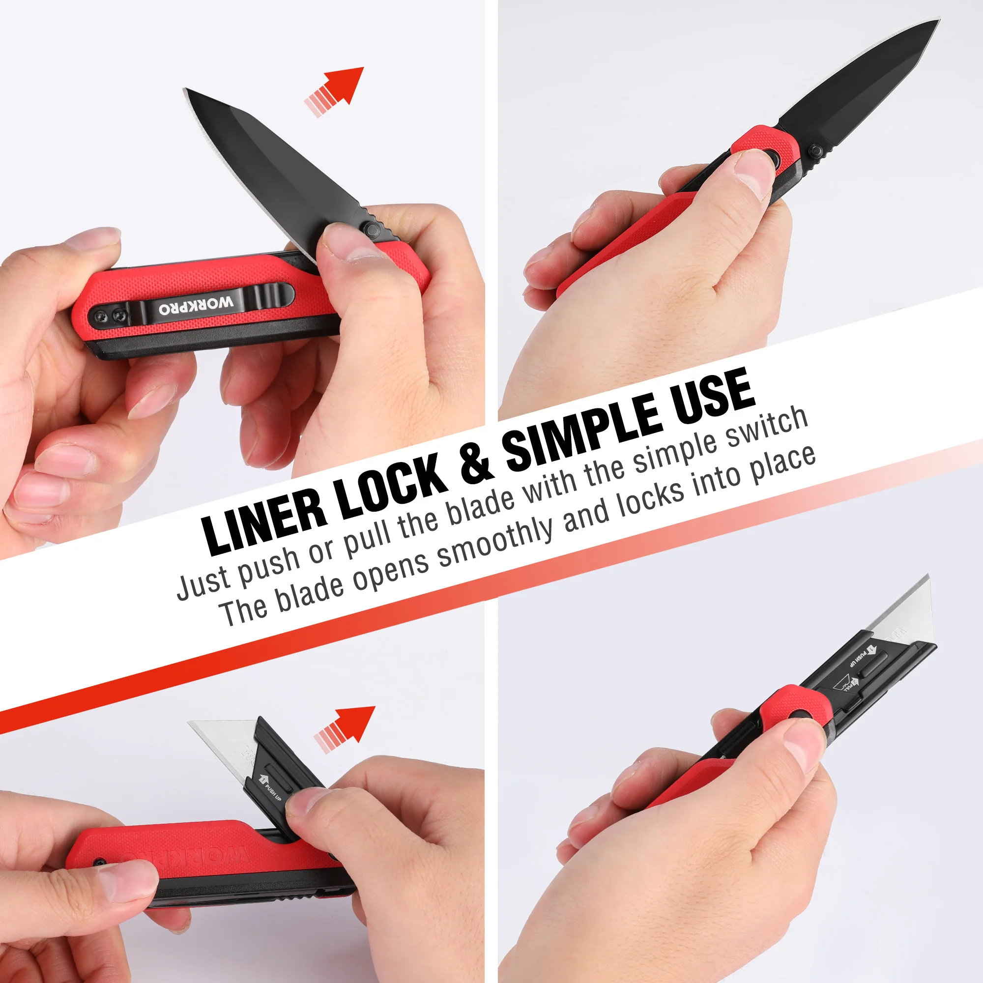 WORKPRO 2-in-1 Folding Knife, Quick-Change Box Cutter with Belt Clip, Liner Lock, and G10 Handle, Extra 10 SK5 Blades Included - Image 24