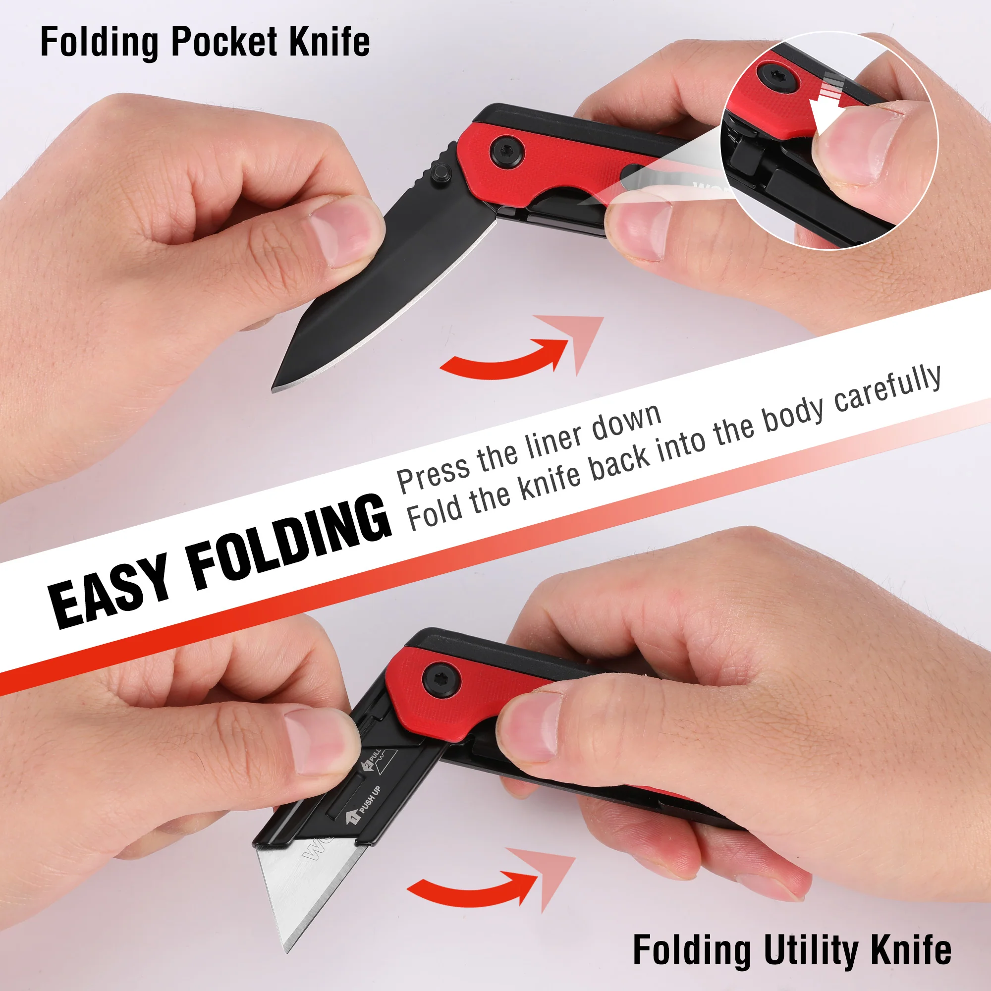 WORKPRO 2-in-1 Folding Knife, Quick-Change Box Cutter with Belt Clip, Liner Lock, and G10 Handle, Extra 10 SK5 Blades Included - Image 25
