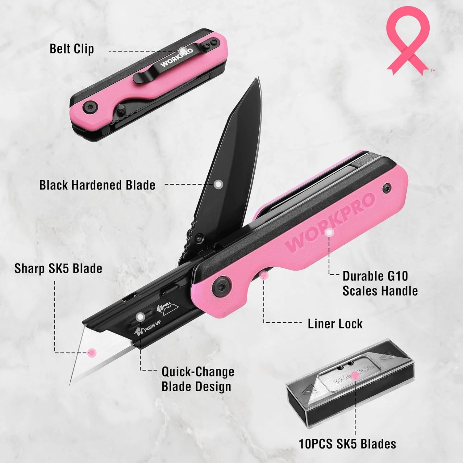 WORKPRO 2-in-1 Folding Knife, Quick-Change Box Cutter with Belt Clip, Liner Lock, and G10 Handle, Extra 10 SK5 Blades Included - Image 3