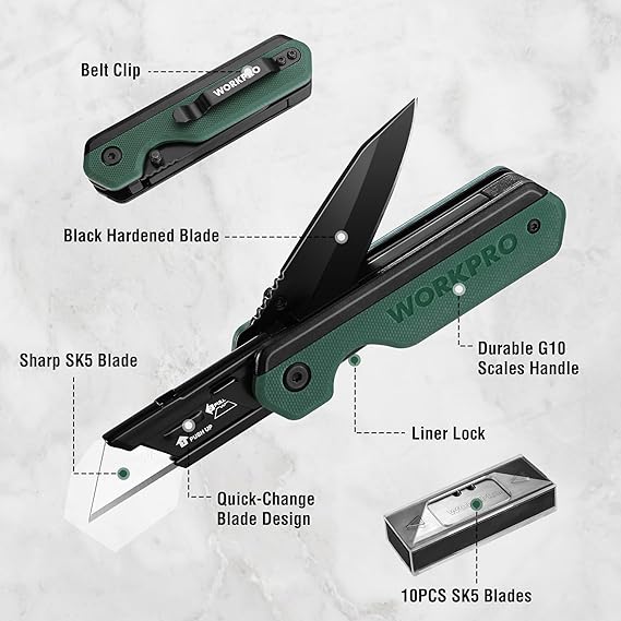 WORKPRO 2-in-1 Folding Knife, Quick-Change Box Cutter with Belt Clip, Liner Lock, and G10 Handle, Extra 10 SK5 Blades Included - Image 8