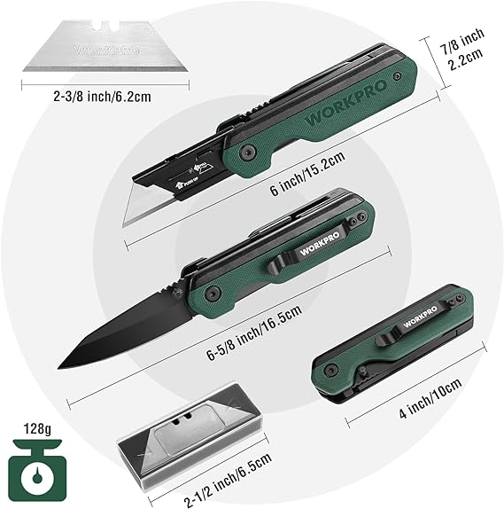 WORKPRO 2-in-1 Folding Knife, Quick-Change Box Cutter with Belt Clip, Liner Lock, and G10 Handle, Extra 10 SK5 Blades Included - Image 9