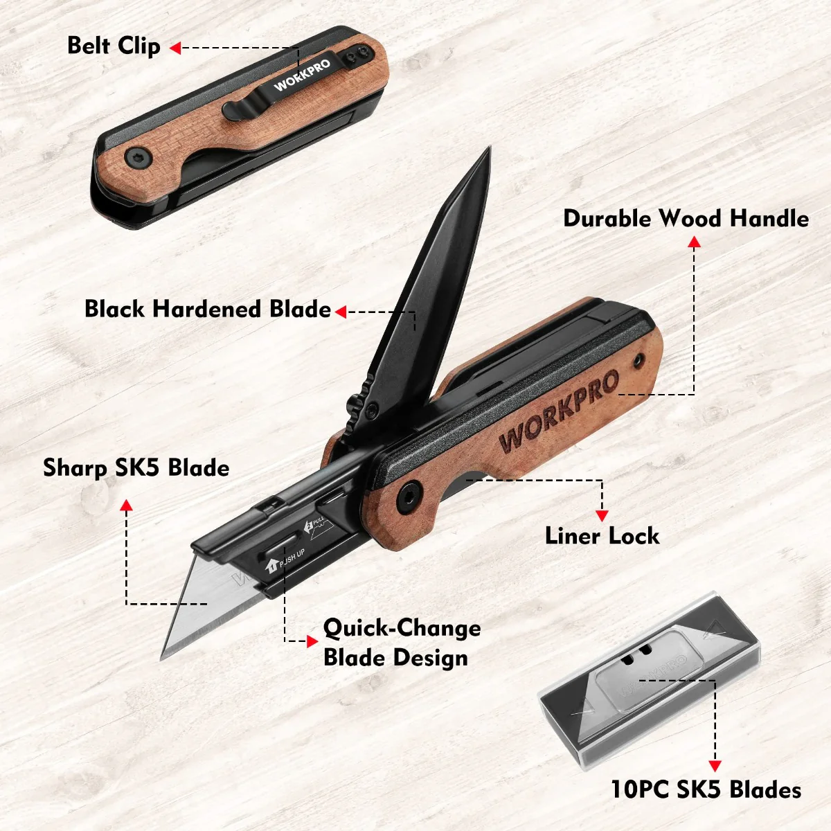 WORKPRO 2-in-1 Folding Utility Knife, Extra 10 SK5 Blades Included - Image 3