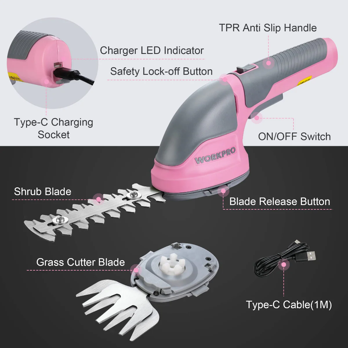 WORKPRO 2 in 1 Handheld 3.6V Electric Cordless Shrubbery Trimmer Hedge Shears/Grass Cutter - Pink Ribbon - Image 7