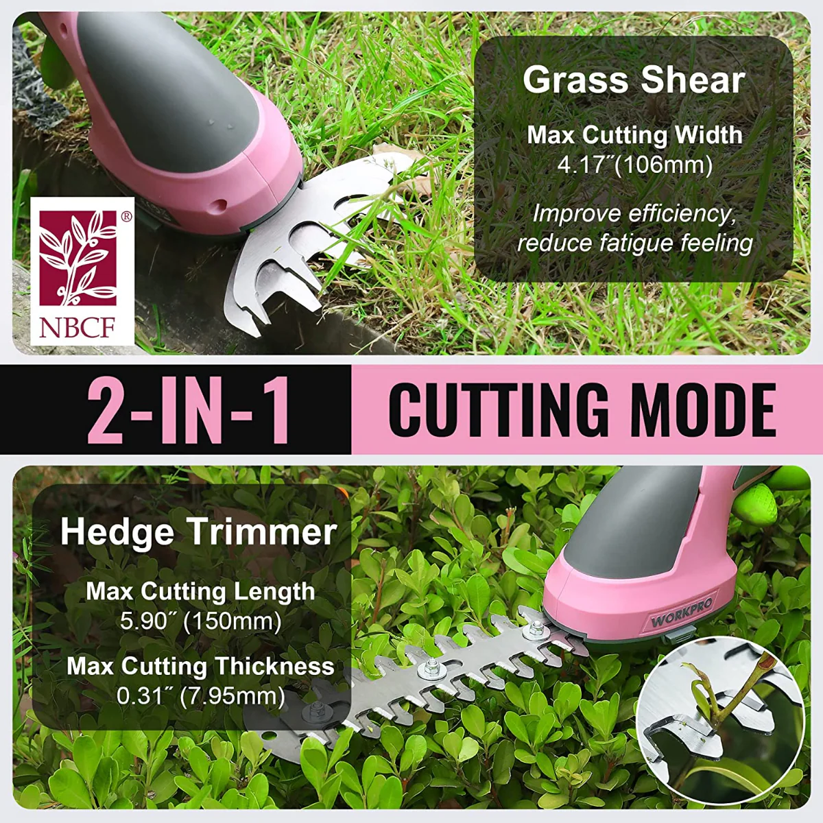 WORKPRO 2 in 1 Handheld 7.2V Electric Cordless Shrubbery Trimmer Hedge Shears/Grass Cutter - Pink Ribbon - Image 2