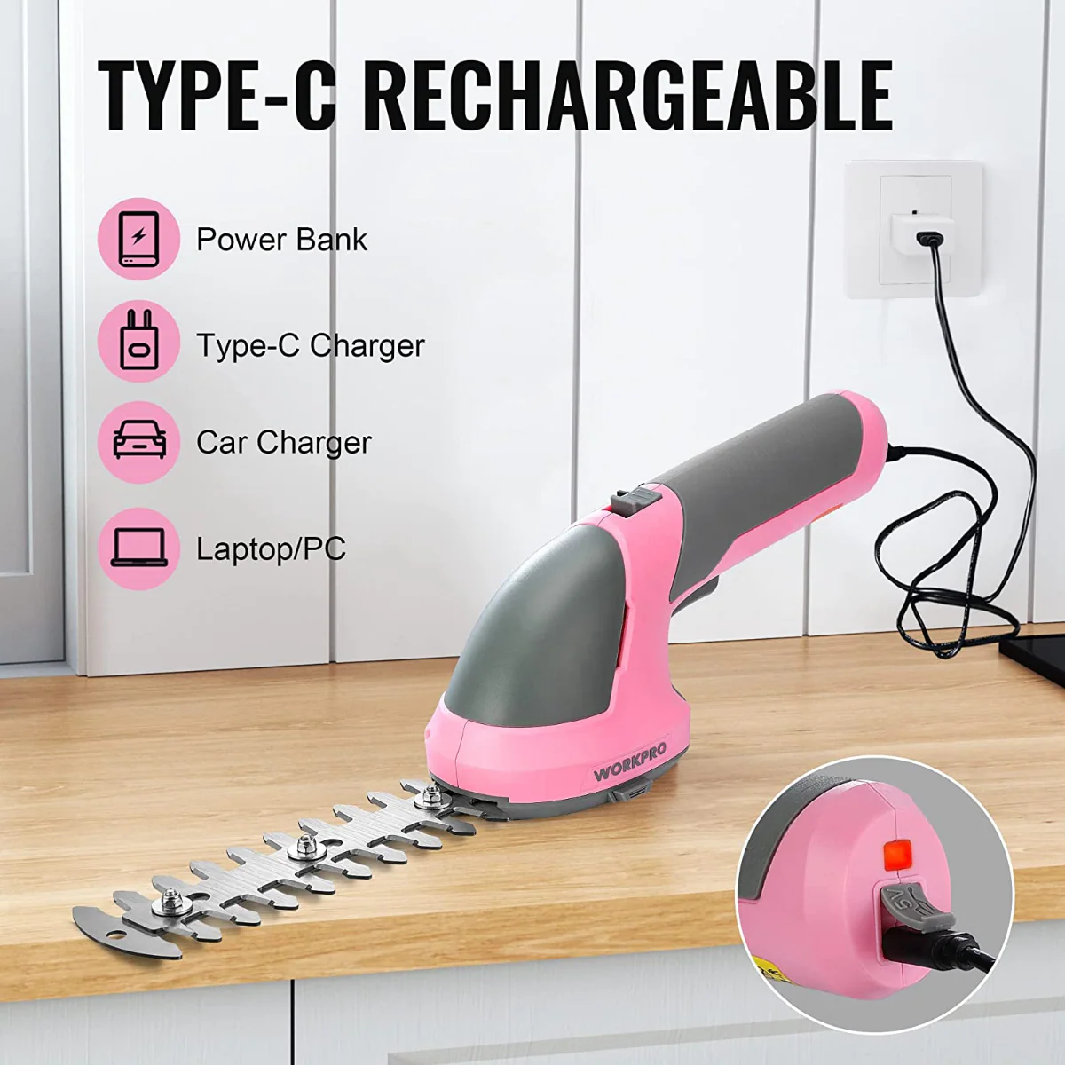 WORKPRO 2 in 1 Handheld 7.2V Electric Cordless Shrubbery Trimmer Hedge Shears/Grass Cutter - Pink Ribbon - Image 6
