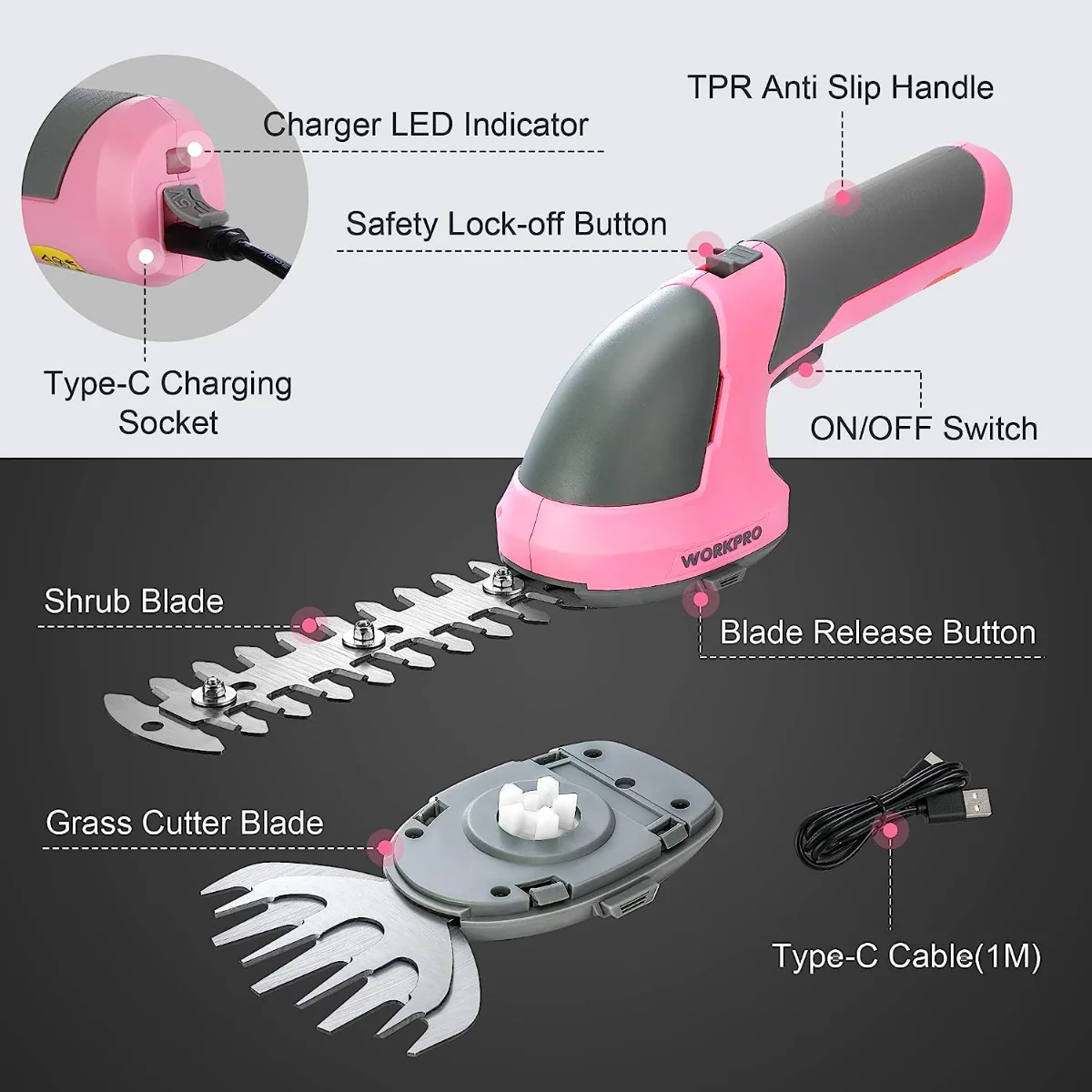 WORKPRO 2 in 1 Handheld 7.2V Electric Cordless Shrubbery Trimmer Hedge Shears/Grass Cutter - Pink Ribbon - Image 7