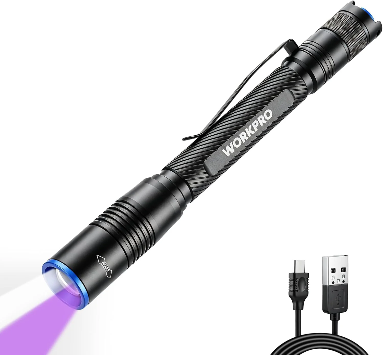 WORKPRO 2-in-1 UV Pen Flashlight with White Light, 395nm Black Light Penlight, Zoomable Focus, USB-C Rechargeable & Dry Battery Compatible for Pet Urine Detection, Camping, Emergency