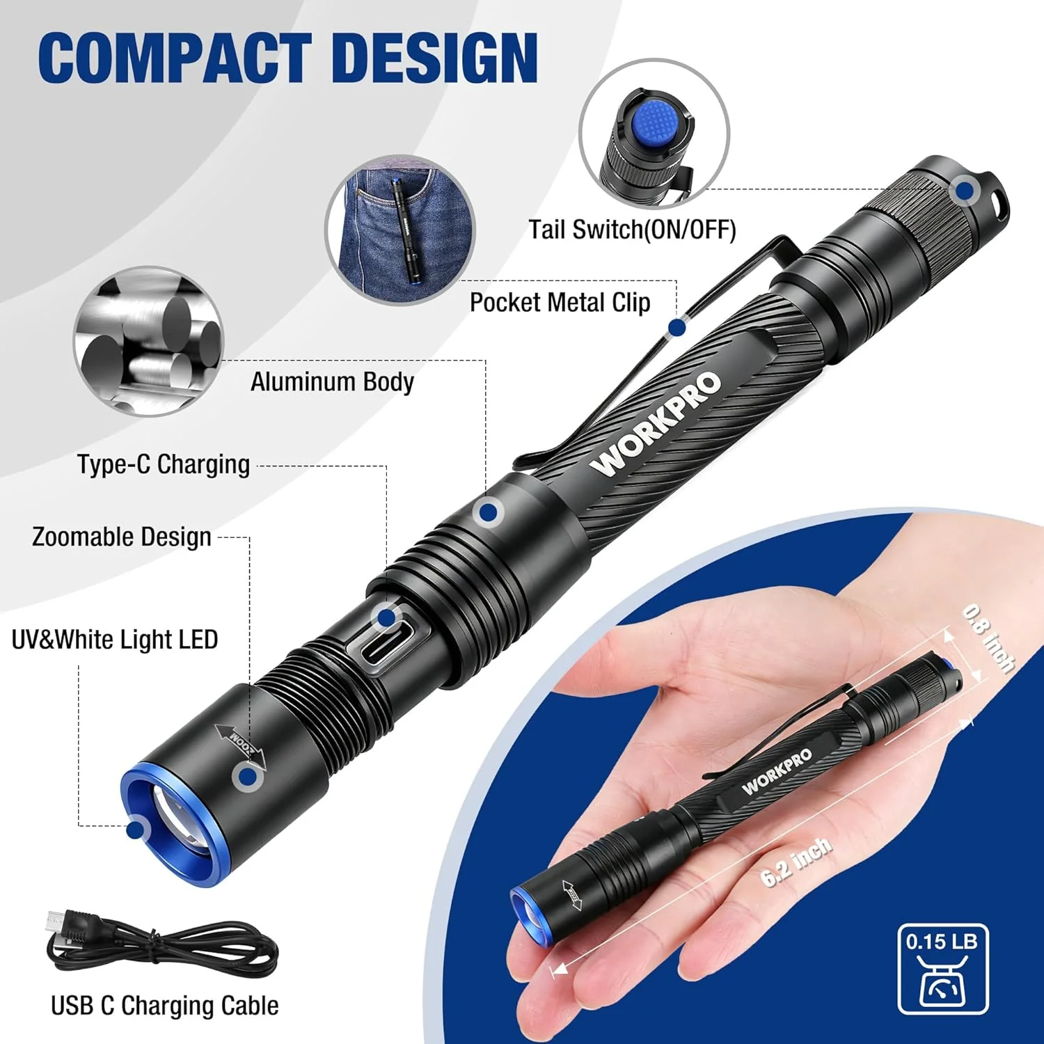 WORKPRO 2-in-1 UV Pen Flashlight with White Light, 395nm Black Light Penlight, Zoomable Focus, USB-C Rechargeable & Dry Battery Compatible for Pet Urine Detection, Camping, Emergency - Image 2