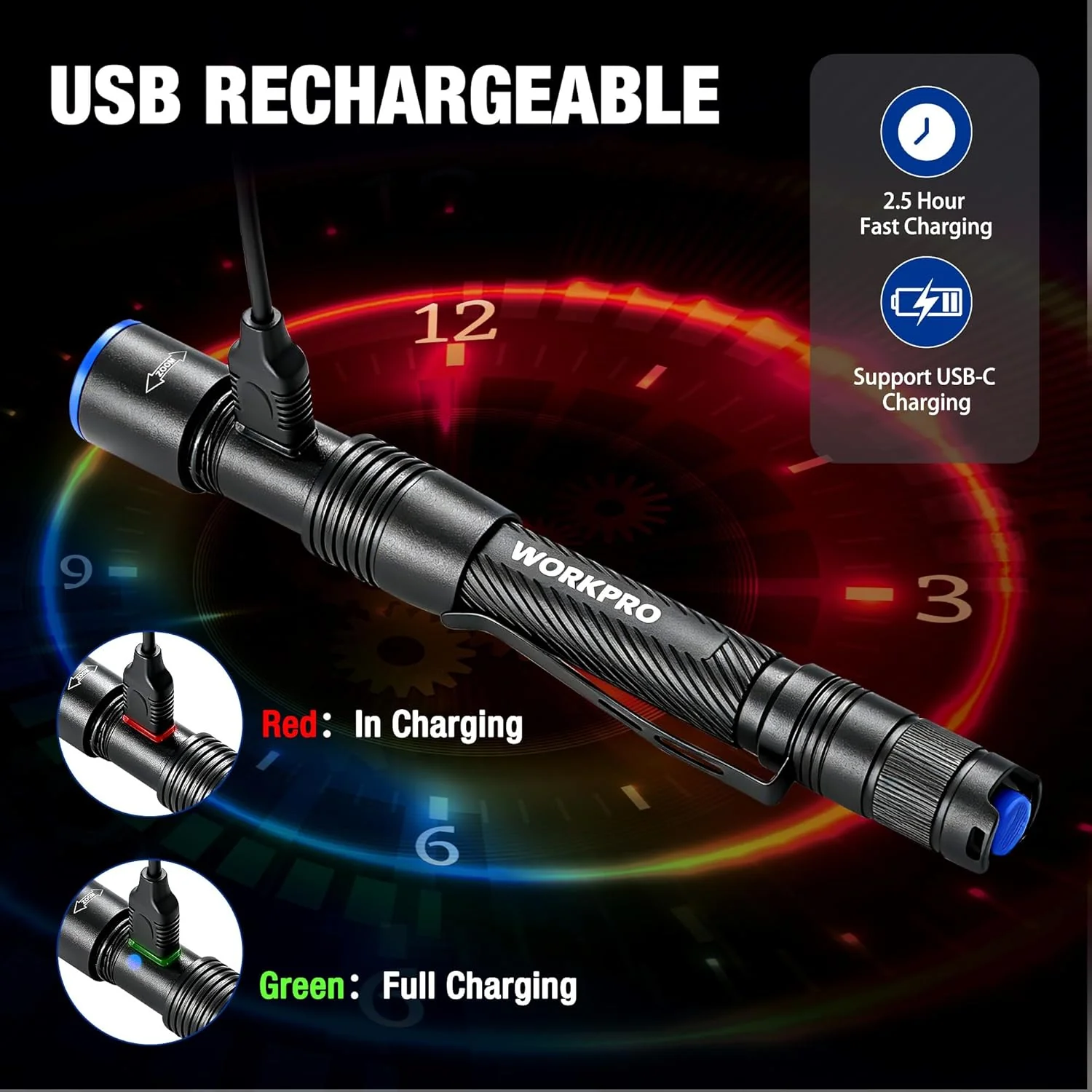 WORKPRO 2-in-1 UV Pen Flashlight with White Light, 395nm Black Light Penlight, Zoomable Focus, USB-C Rechargeable & Dry Battery Compatible for Pet Urine Detection, Camping, Emergency - Image 5