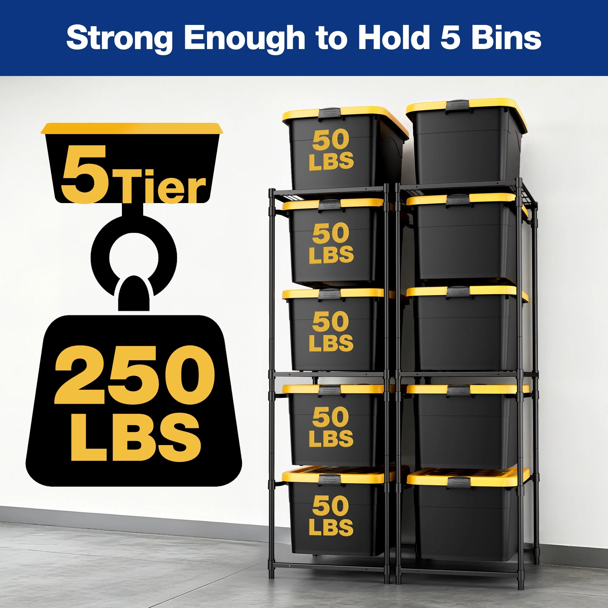 WORKPRO 2 Pack 250 LBS 5-Tier Bin Storage Rack for 27-Gallon Totes, Heavy Duty Metal Shelving Units for Garage, Basement, Pantry, Kitchen, Workspace, or Laundry Room, 30.5" x 22.5" x 69", Black - Image 2