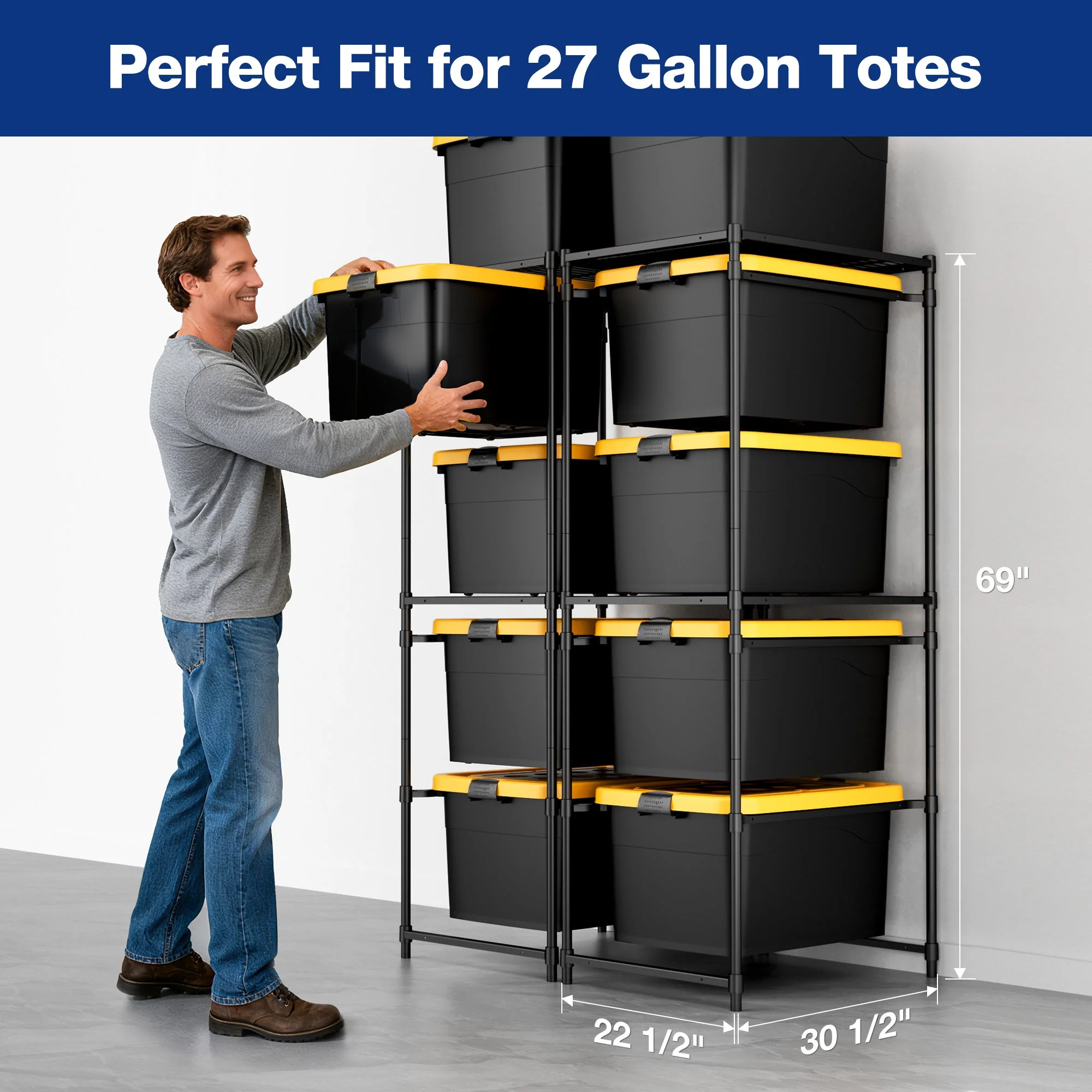 WORKPRO 2 Pack 250 LBS 5-Tier Bin Storage Rack for 27-Gallon Totes, Heavy Duty Metal Shelving Units for Garage, Basement, Pantry, Kitchen, Workspace, or Laundry Room, 30.5" x 22.5" x 69", Black - Image 4