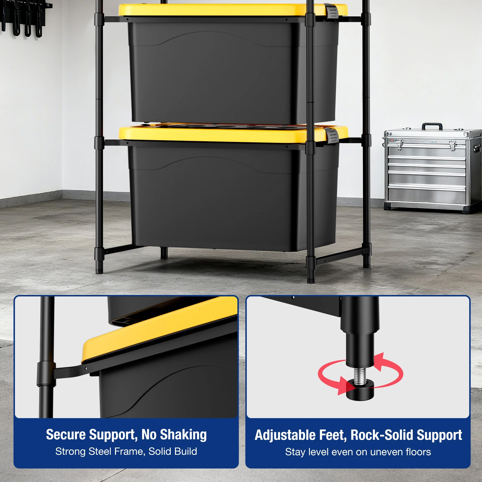 WORKPRO 2 Pack 250 LBS 5-Tier Bin Storage Rack for 27-Gallon Totes, Heavy Duty Metal Shelving Units for Garage, Basement, Pantry, Kitchen, Workspace, or Laundry Room, 30.5" x 22.5" x 69", Black - Image 7