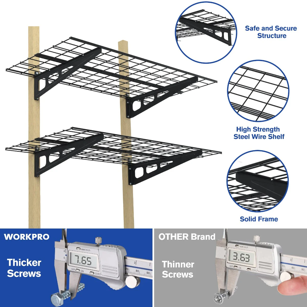 WORKPRO 2-Pack 2x4FT Heavy Duty Garage Wall Mounted Shelving, 48” x 24", 400lbs Load Capacity (Total), Black - Image 3