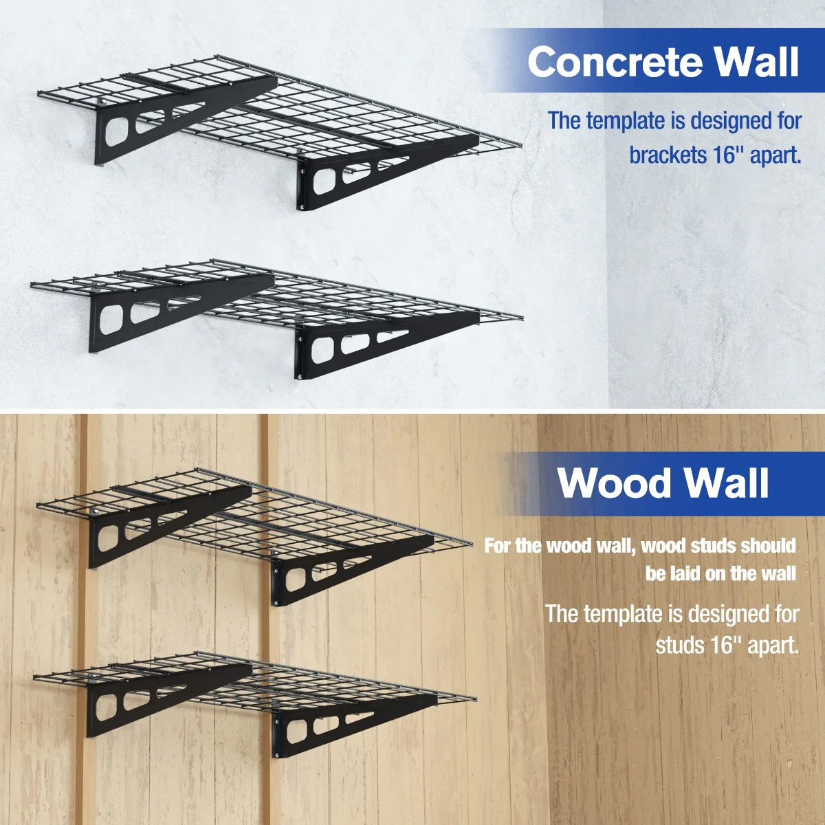 WORKPRO 2-Pack 2x4FT Heavy Duty Garage Wall Mounted Shelving, 48” x 24", 400lbs Load Capacity (Total), Black - Image 4