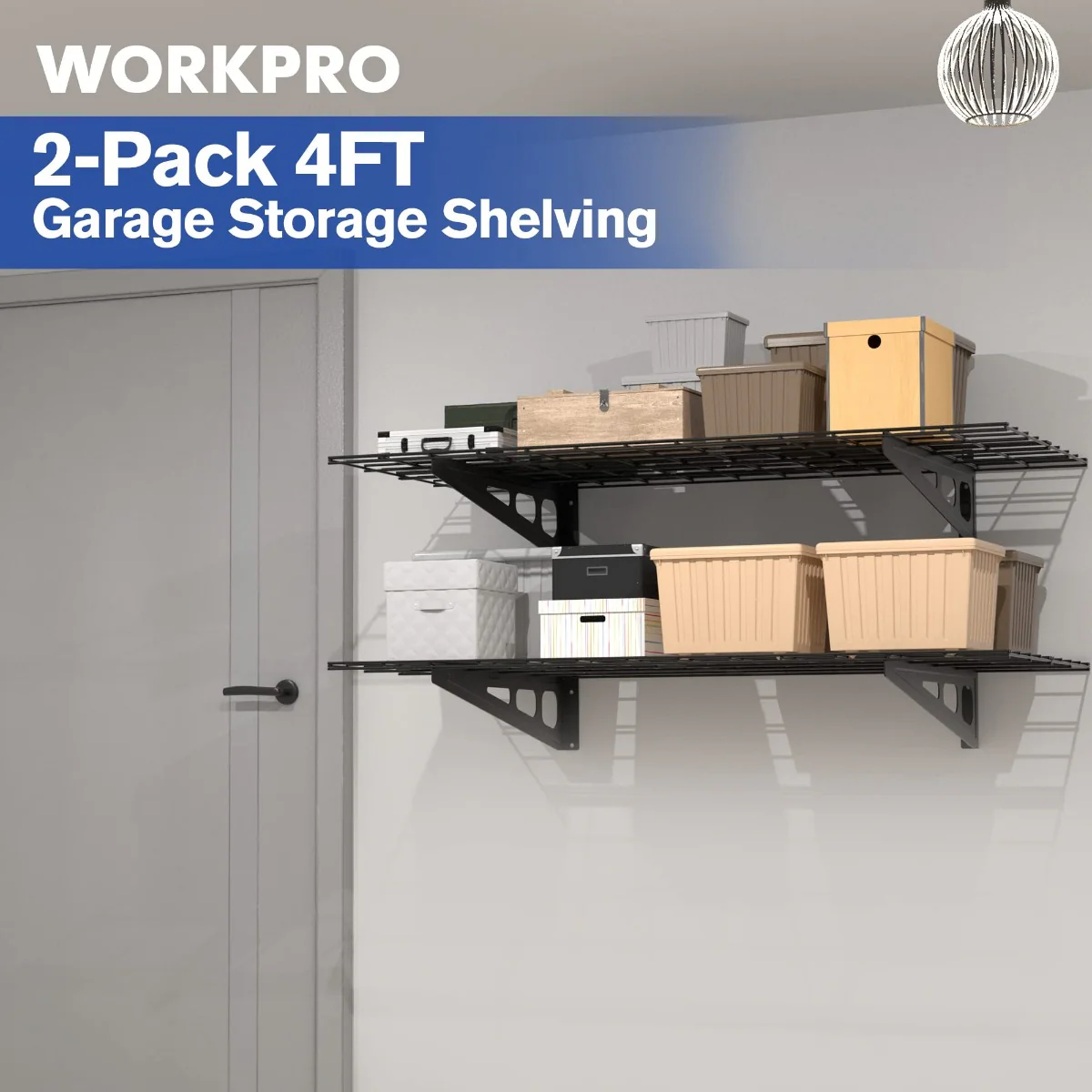 WORKPRO 2-Pack 2x4FT Heavy Duty Garage Wall Mounted Shelving, 48” x 24", 400lbs Load Capacity (Total), Black - Image 5