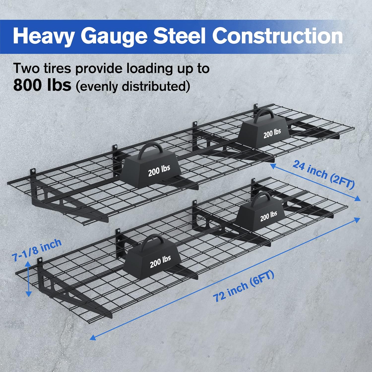 WORKPRO 2-Pack 2x6FT Garage Wall Shelving, 72” x 24” Heavy Duty Wall Mounted Shelving, 800lbs Load Capacity (Total), Metal Wall Shelves Suitable for Shop, Shed, Garage Storage, Black, 1 Sets - Image 2