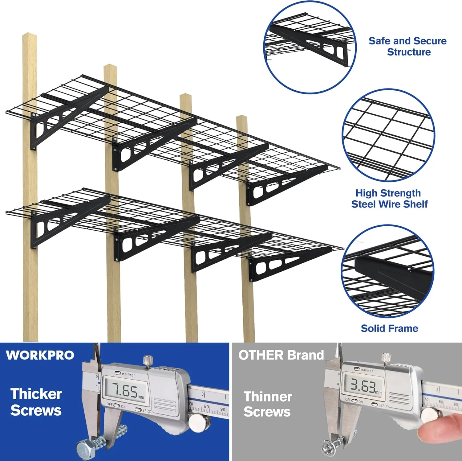WORKPRO 2-Pack 2x6FT Garage Wall Shelving, 72” x 24” Heavy Duty Wall Mounted Shelving, 800lbs Load Capacity (Total), Metal Wall Shelves Suitable for Shop, Shed, Garage Storage, Black, 1 Sets - Image 3