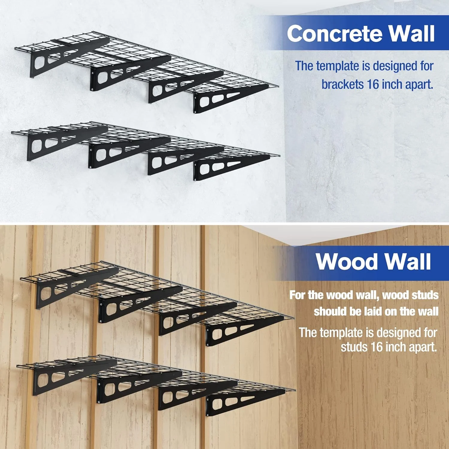 WORKPRO 2-Pack 2x6FT Garage Wall Shelving, 72” x 24” Heavy Duty Wall Mounted Shelving, 800lbs Load Capacity (Total), Metal Wall Shelves Suitable for Shop, Shed, Garage Storage, Black, 1 Sets - Image 4