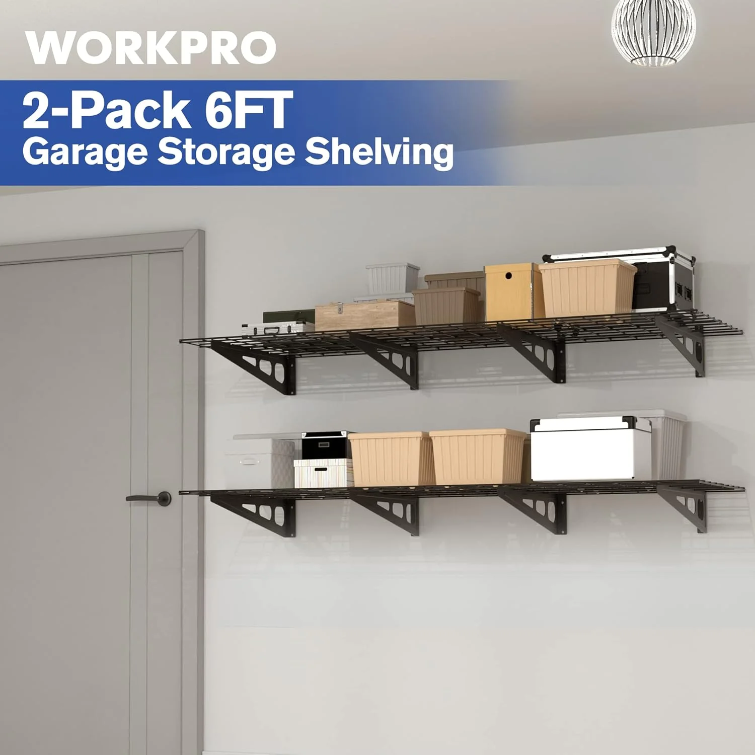 WORKPRO 2-Pack 2x6FT Garage Wall Shelving, 72” x 24” Heavy Duty Wall Mounted Shelving, 800lbs Load Capacity (Total), Metal Wall Shelves Suitable for Shop, Shed, Garage Storage, Black, 1 Sets - Image 5