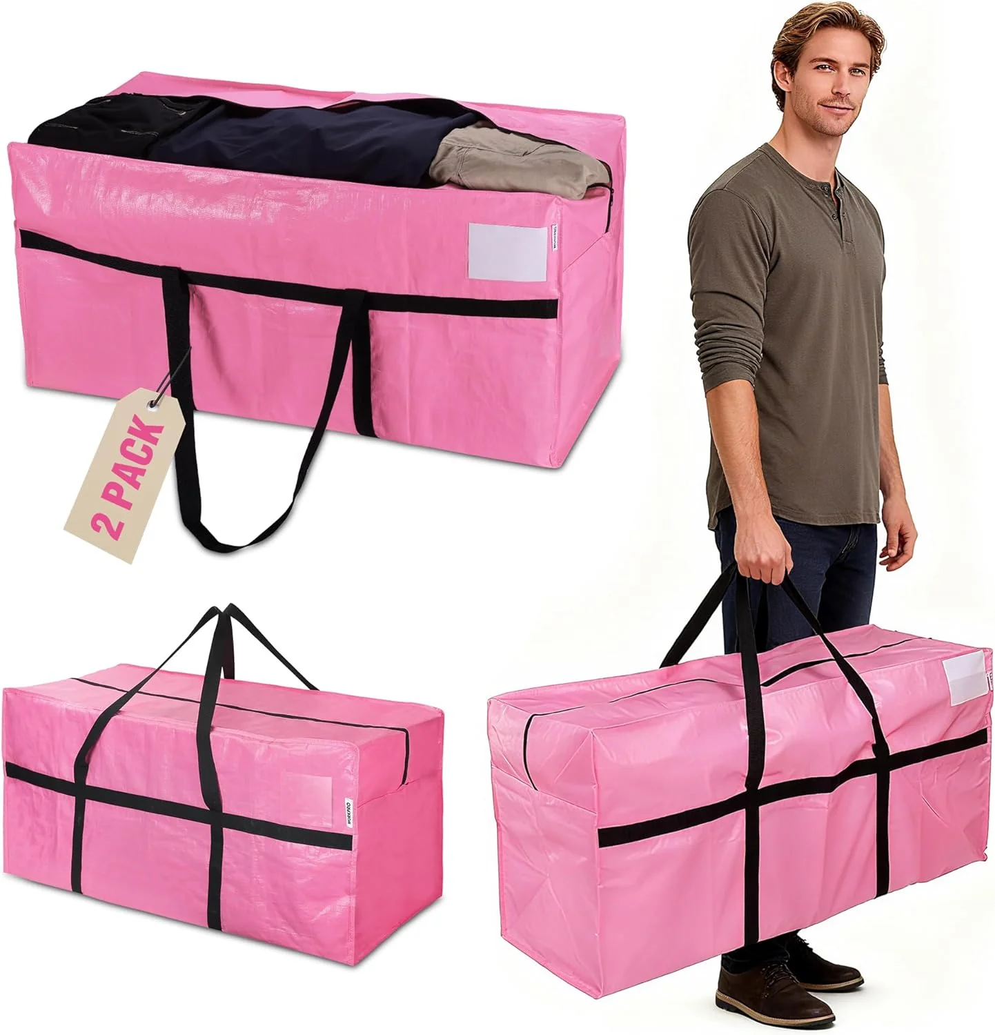 WORKPRO 2-Pack 66 Gallon Extra Large Moving Bags with Zippers & Carry Handles, Heavy-Duty Storage Totes for Moving, Dorm Move-In, Travel & Space-Saving Organization, Pink