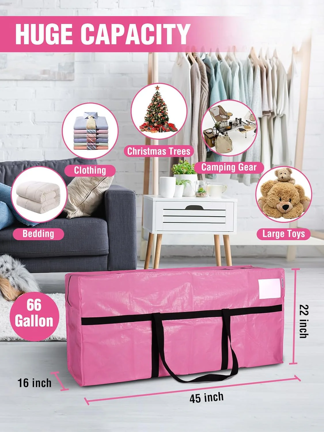 WORKPRO 2-Pack 66 Gallon Extra Large Moving Bags with Zippers & Carry Handles, Heavy-Duty Storage Totes for Moving, Dorm Move-In, Travel & Space-Saving Organization, Pink - Image 2