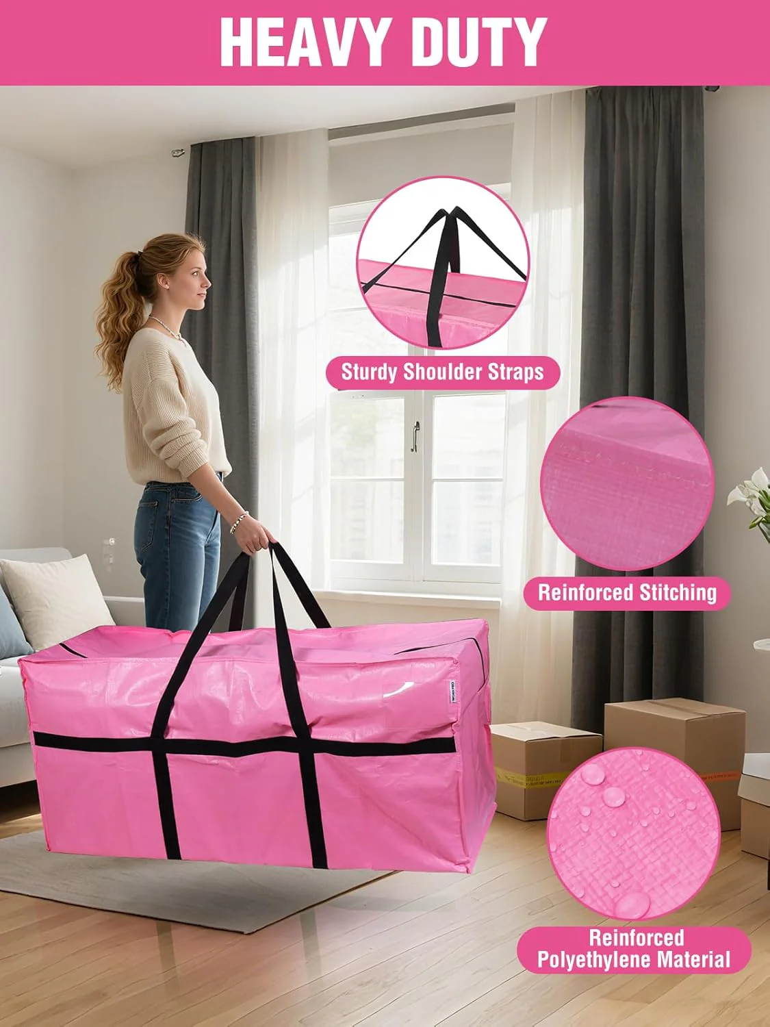 WORKPRO 2-Pack 66 Gallon Extra Large Moving Bags with Zippers & Carry Handles, Heavy-Duty Storage Totes for Moving, Dorm Move-In, Travel & Space-Saving Organization, Pink - Image 3