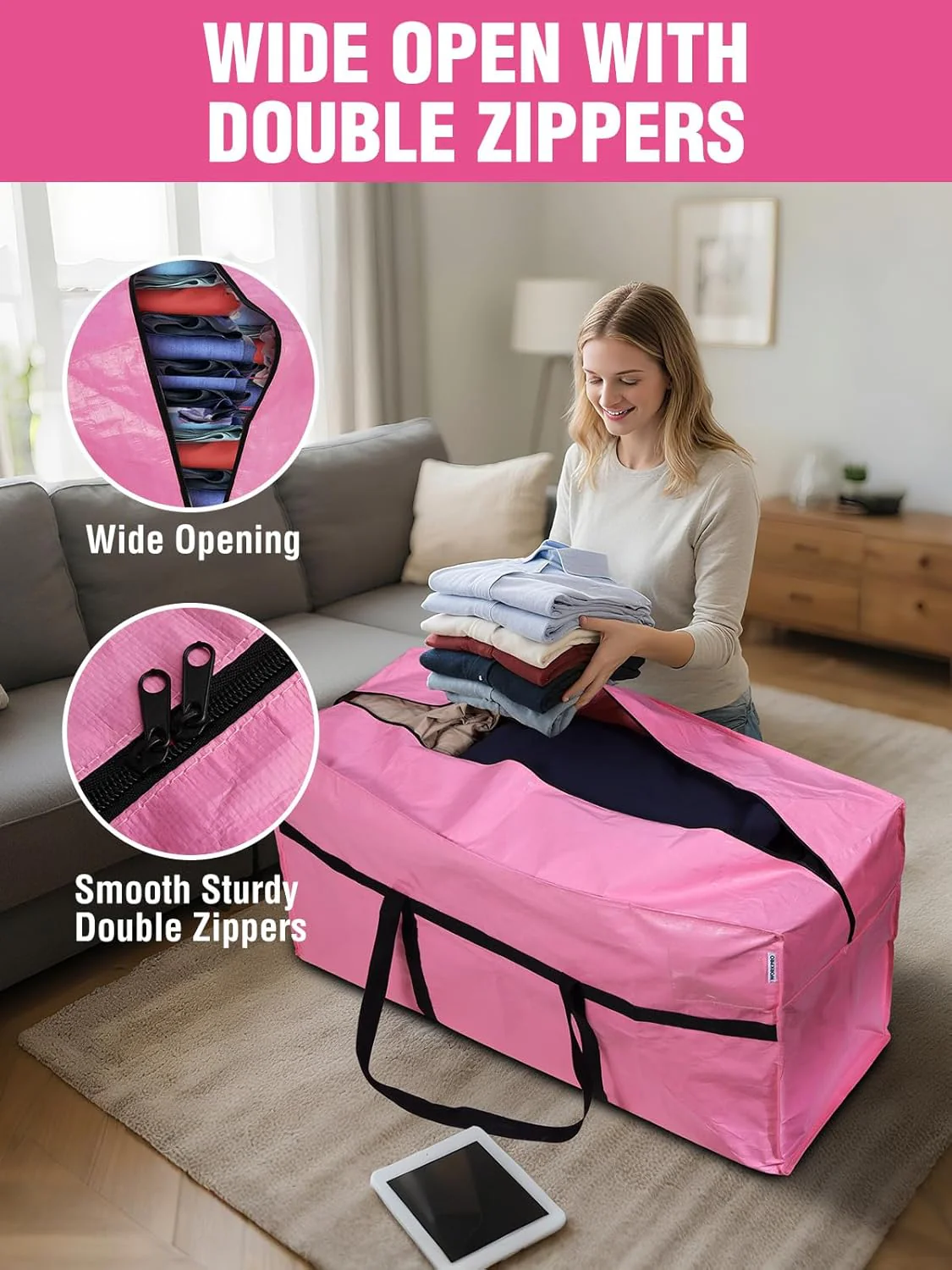 WORKPRO 2-Pack 66 Gallon Extra Large Moving Bags with Zippers & Carry Handles, Heavy-Duty Storage Totes for Moving, Dorm Move-In, Travel & Space-Saving Organization, Pink - Image 4