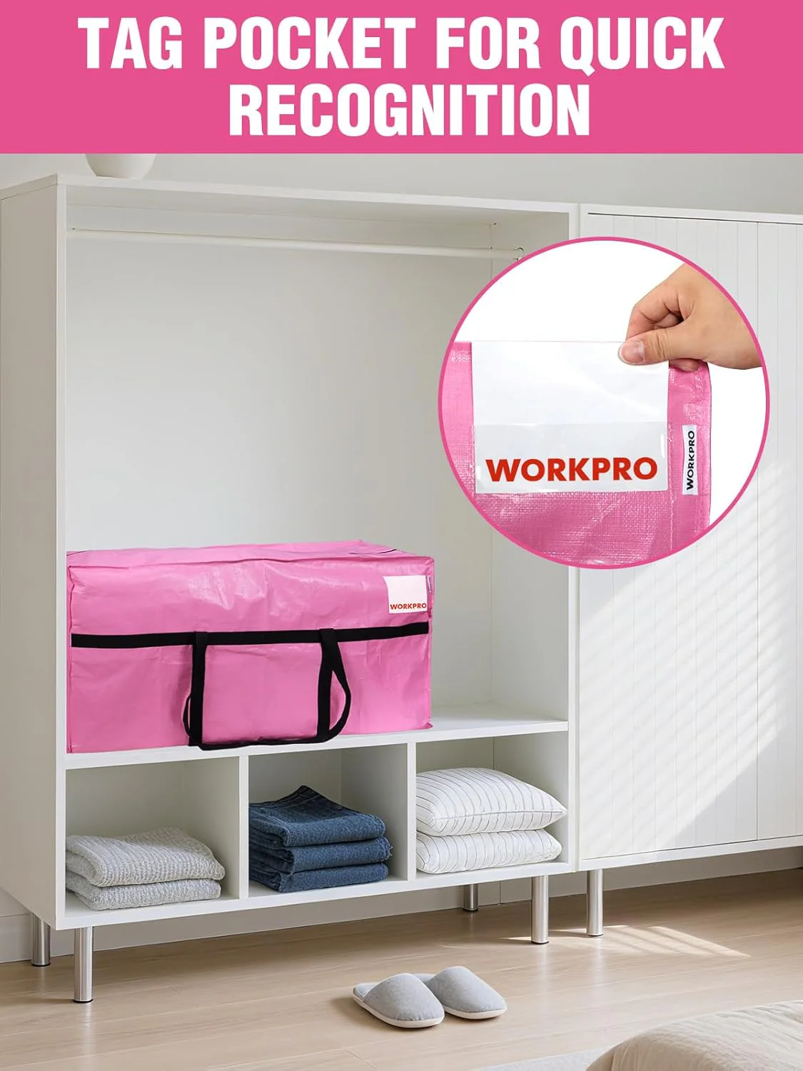 WORKPRO 2-Pack 66 Gallon Extra Large Moving Bags with Zippers & Carry Handles, Heavy-Duty Storage Totes for Moving, Dorm Move-In, Travel & Space-Saving Organization, Pink - Image 5