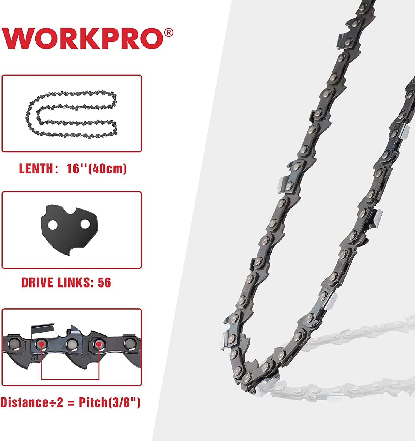 WORKPRO 2-Pack 16 Inch Chainsaw Chain, 3/8"Pitch, 56 Drive Links Wood Cutting Saw Chain for Chainsaw Parts - Image 2