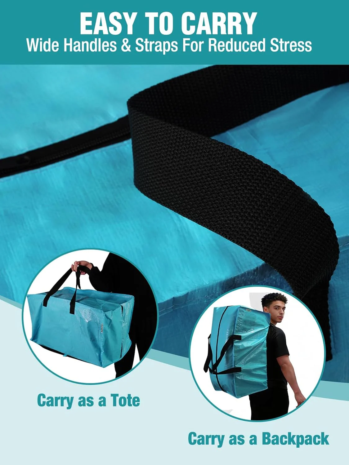 WORKPRO 2 Pack Extra Large Moving Bags with Zippers & Carrying Handles Backpack Straps, Heavy-Duty Storage Tote for Space Saving Moving Storage (Blue) - Image 5