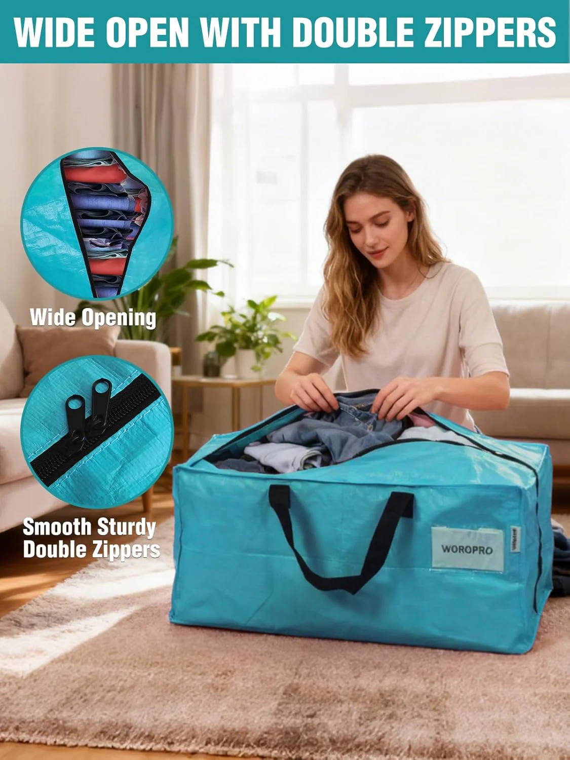 WORKPRO 2 Pack Extra Large Moving Bags with Zippers & Carrying Handles Backpack Straps, Heavy-Duty Storage Tote for Space Saving Moving Storage (Blue) - Image 6