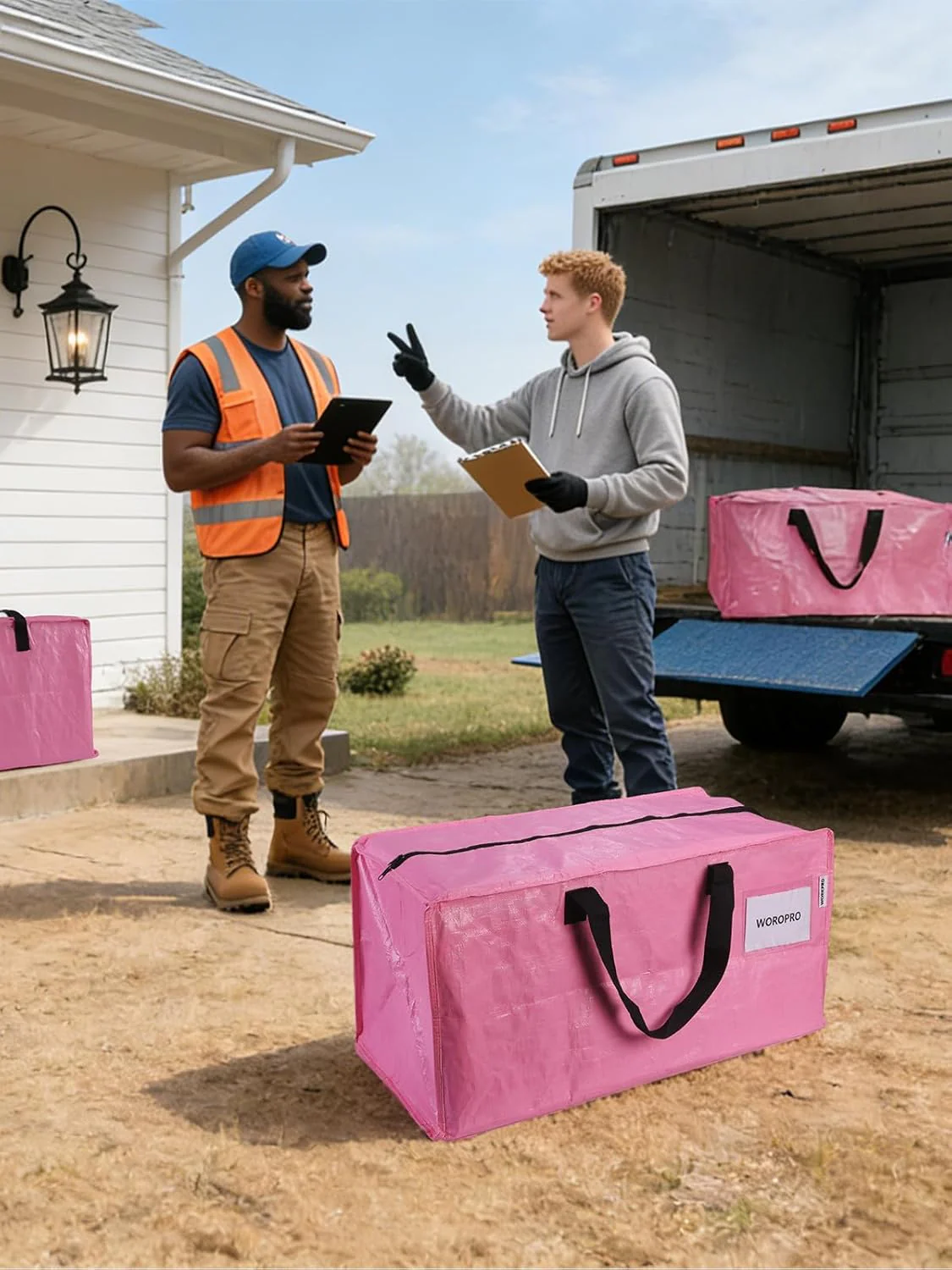 WORKPRO 2 Pack Extra Large Moving Bags with Zippers & Carrying Handles Backpack Straps, Heavy-Duty Storage Tote for Space Saving Moving Storage (Pink) - Image 2
