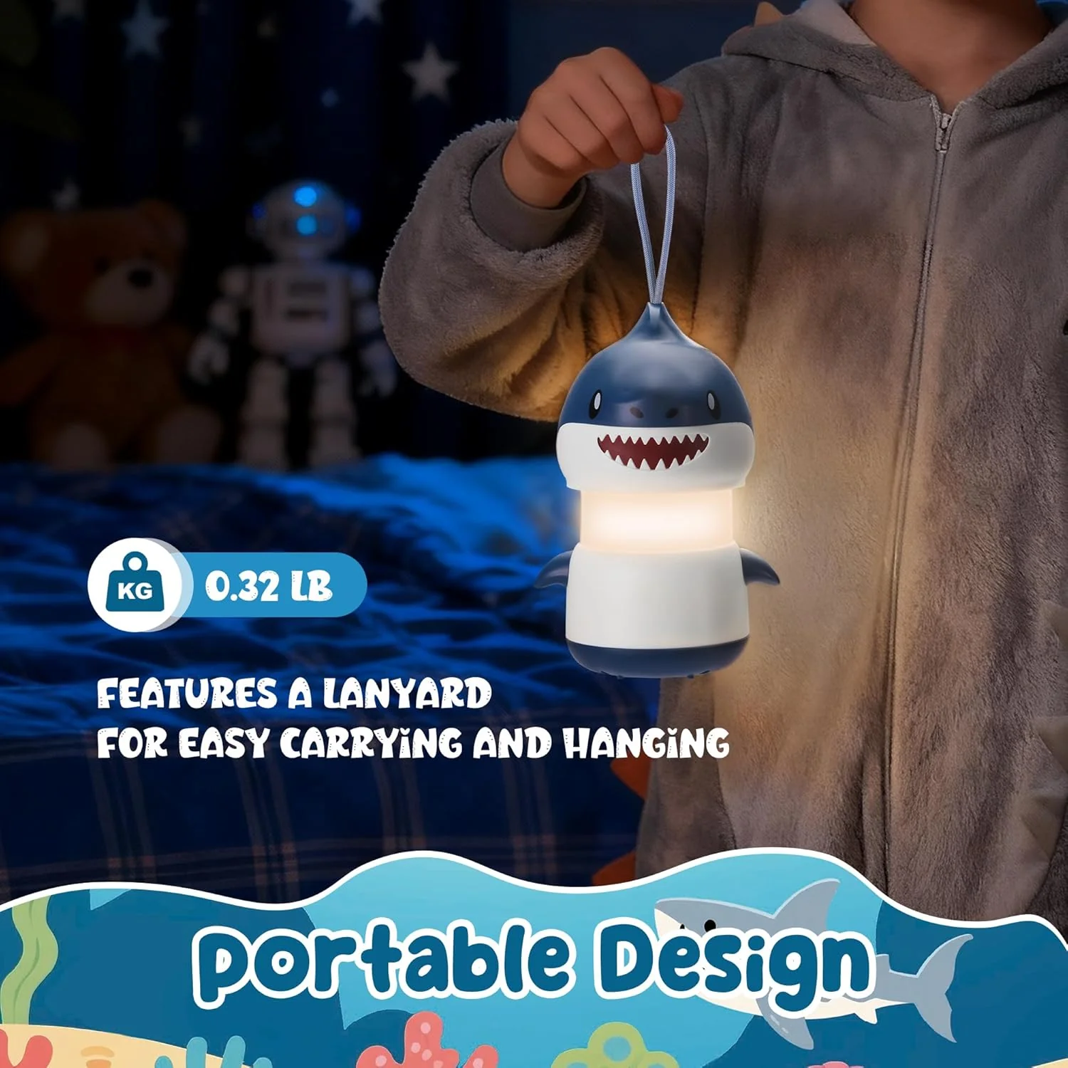 WORKPRO 2-Pack Kids Camping Lanterns with RGB Lights, Battery Powered with Lanyard, Fun Night Light Gifts for Kids - Shark Design - Image 5